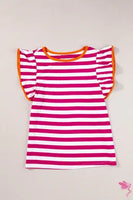 Striped Rose Red Ruffle Sleeve Blouse