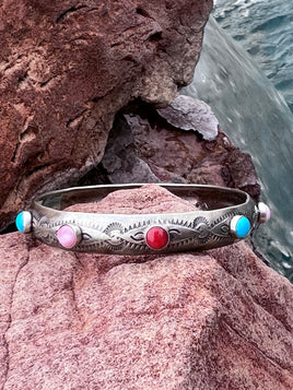 Sleeping Beauty, Conch Shell, & Coral Stamped SS Bangle