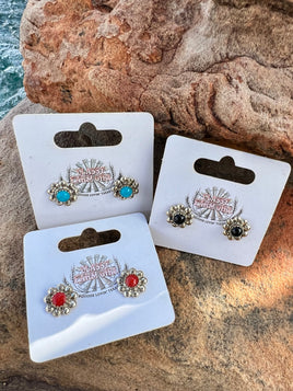 Turquoise, Coral, Black Onyx Stud Earrings