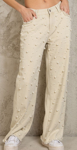 Beaded Pearl Twill Straight Fit Pants