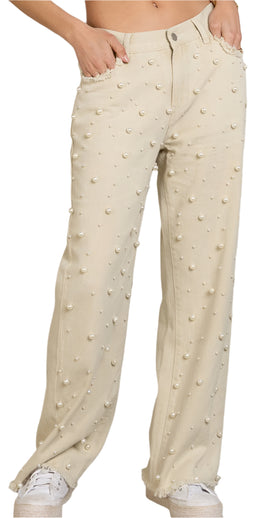 POL Beaded Pearl Twill Straight Fit Pants