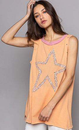 POL Round Neck Stud Floral Star Patch Tunic Top
