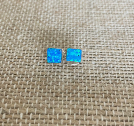 Maryann Meha Blue Flash Opal Square Drop Stud Earrings