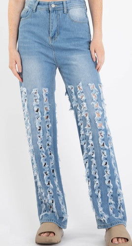 Demin Distressed Bullet Hole Wide Jeans