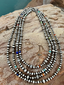 Multi Stone Graduated Pearl Bead SS Necklace