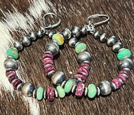 Theresa Belone Turquoise, Purple Spiny, & Graduated Pearl & Saucer Hoop Earrings
