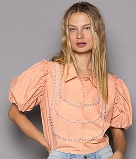 POL Poplin Pearl Puff Short Sleeve Button Down Blouse