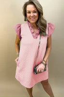 
              Pink Textured Puff Sleeve Ruffled Mini Dress
            