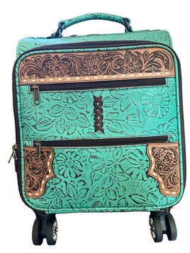 Turquoise and Tooled Leather Rolling Suitcase Carry Luggage