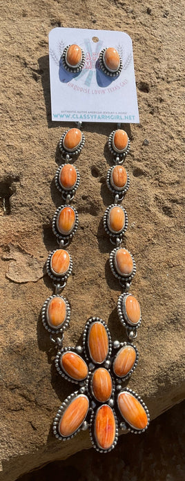 Travis Jim Orange Spiny Cluster Lariat & Earrings