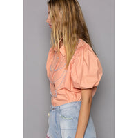 
              POL Poplin Pearl Puff Short Sleeve Button Down Blouse
            