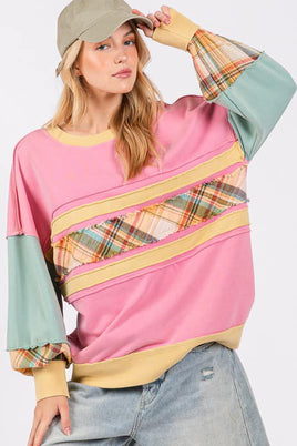 Sage & Fig Color Block Mixed Print Top In Barbie Pink