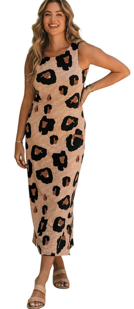 Leopard Split Sleeveless Maxi Dress