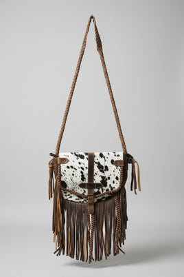 Cowhide & Braided Leather Crossbody Fringe Bag
