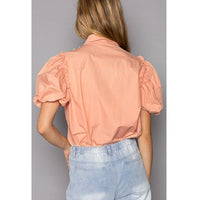 
              POL Poplin Pearl Puff Short Sleeve Button Down Blouse
            