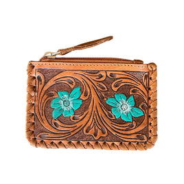 Turquoise Tooled Leather & Cowhide Coin Pouch