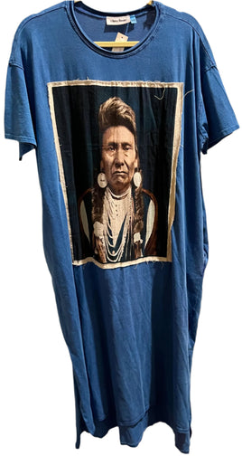 I Love Linen Chief Joseph Blue Short Sleeve T-Shirt Dress