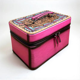 Pink Feather Tooled Leather Jewelry Box