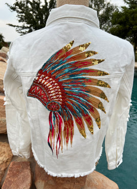 Savannah Jane Embroidered Head Dress Distressed Ivory Denim Jacket