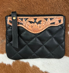 Quilted & Tooled Leather Black Coin Pouch