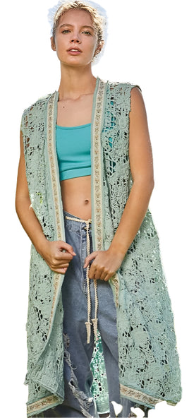 POL Sleeveless Trim Detail Raw Edge Crochet Cardigan