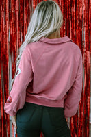
              Sequin Pink Mineral Wash Heart Snap Buttons Collared Sweatshirt
            