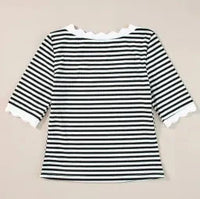 
              Black Striped Contrast Scallop Trim Top
            