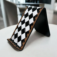 
              Checkered Tooled Leather Phone Stand
            