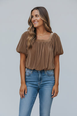 Pleated Puff Sleeve Square Neck Taupe Blouse