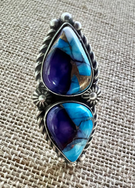 Robert Shakey Violet Rose & Blue Dahlia Double Stone Ring