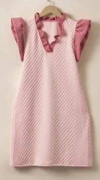 Pink Textured Puff Sleeve Ruffled Mini Dress