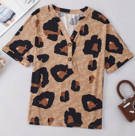 Leopard Folded Short Sleeve Buttoned V Neck Top