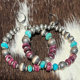 Theresa Belone Turquoise, Purple Spiny, & Graduated Pearl & Saucer Hoop Earrings