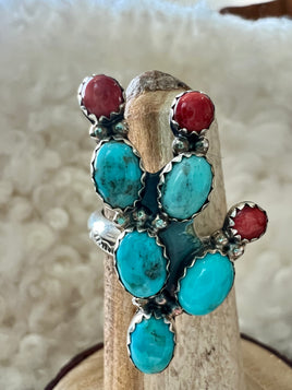 Ted Secatero Cactus Kingman & Coral Ring