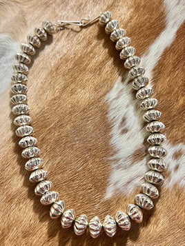 Bright Silver Fluted Beaded Necklace