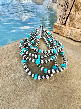 Theresa Skeets, Geneva Chee, & Faith Skeets 5 Strand Graduated Kingman & Pearl Bracelet