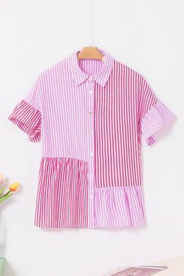Pink Stripe Striped Patchwork Ruffled Blouse