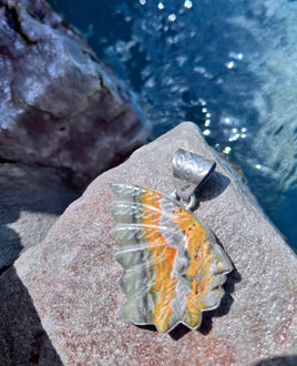 Tony Yazzie Carved Bumblebee Jasper Indian Head SS Pendant