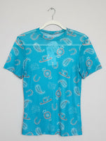 
              Turquoise Hat Feather Mesh Top
            