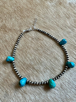 Tear Drop Turquoise Nugget & Beaded Anklet