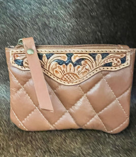 Quilted & Tooled Leather Tan Coin Pouch