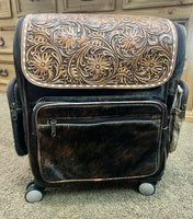 
              Tooled Leather & Cowhide Rolling Suitcase Backpack
            