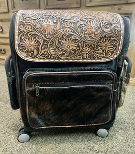Tooled Leather & Cowhide Rolling Suitcase Backpack