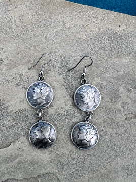 Liberty Dime Double SS Dangle Earrings