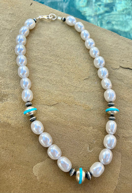 Fresh Water Pearl, Inlay Turquoise, & Fluted Beaded Necklace