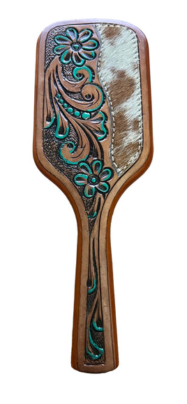 Tooled Turquoise Leather & Cowhide Hairbrush