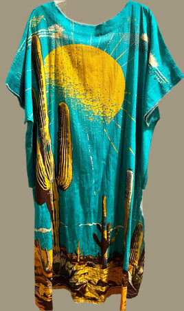 I Love Linen Sunrise Cactus Teal Hi-Lo Tunic