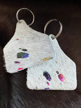 Cowhide Acid Wash Leather Ear Tag Keychain