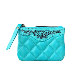 Turquoise Quilted & Tooled Leather Coin Pouch