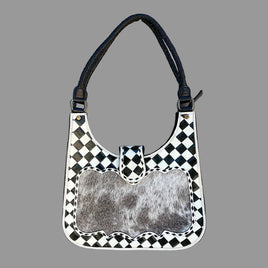 Checker Tooled Leather & Cowhide Shoulder Bag